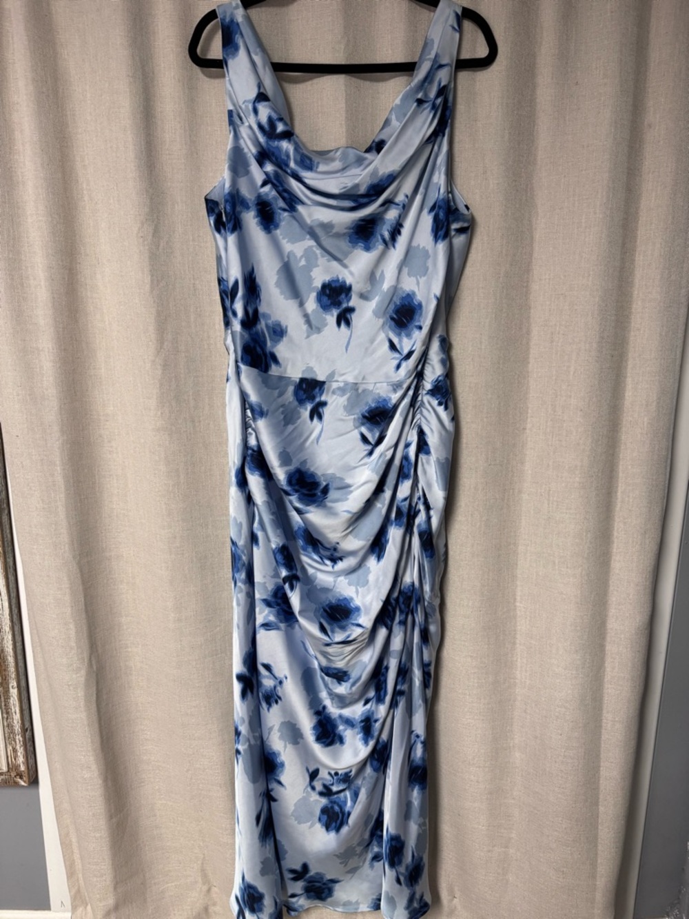 Blue Floral Cowl Neck Ruched Maxi Dress